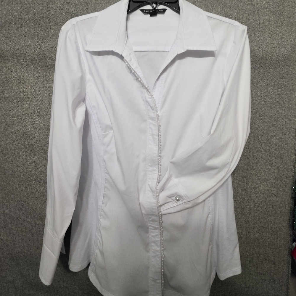 Zac & Rachel White Collared Button Front Shirt with Trim